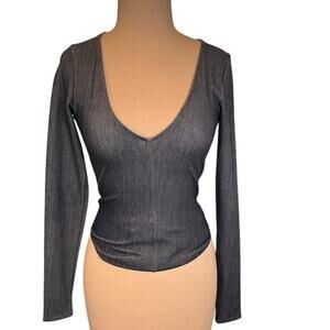 Naked Wardrobe Stretch Denim Body Blue Long Sleeve Top V-Neck Small Body Suit
